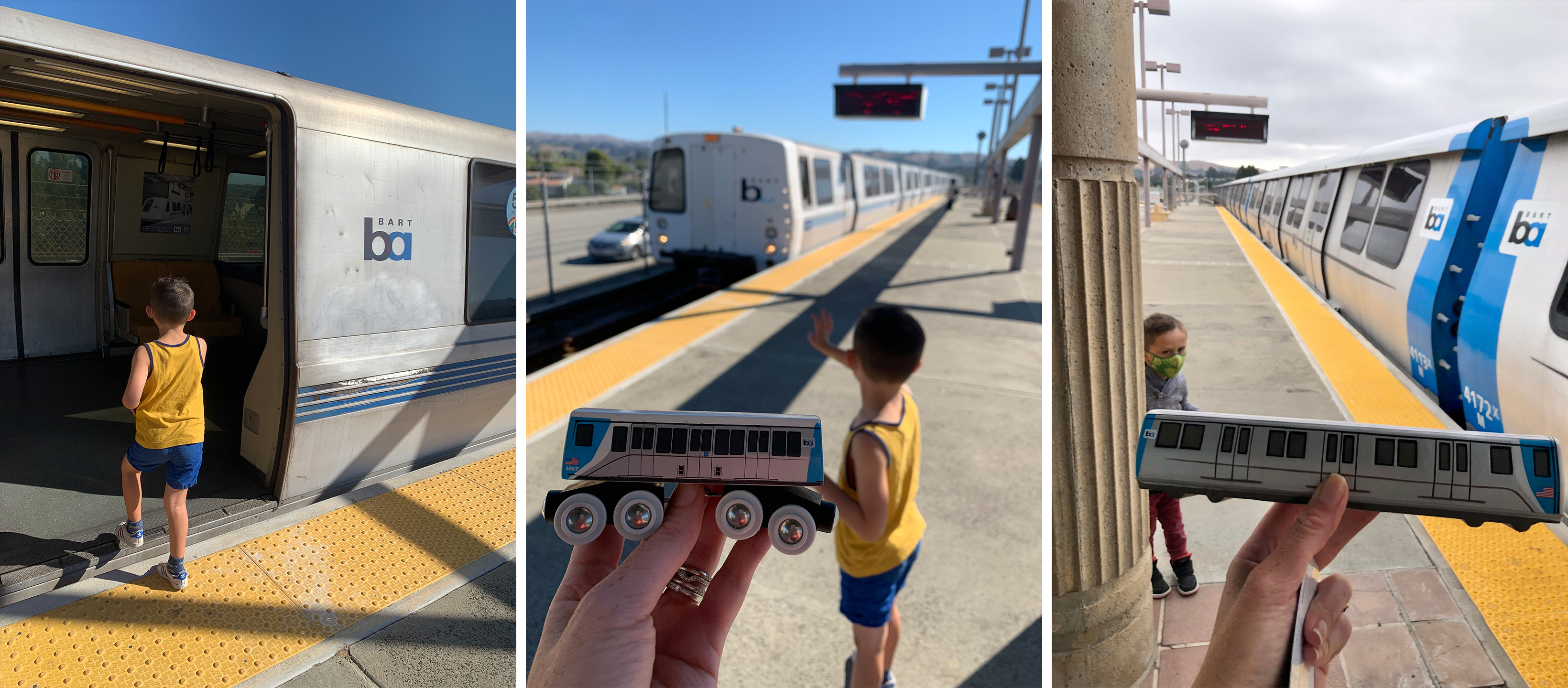 Bryce at a BART station, getting on a train. Train toys in the foreground.