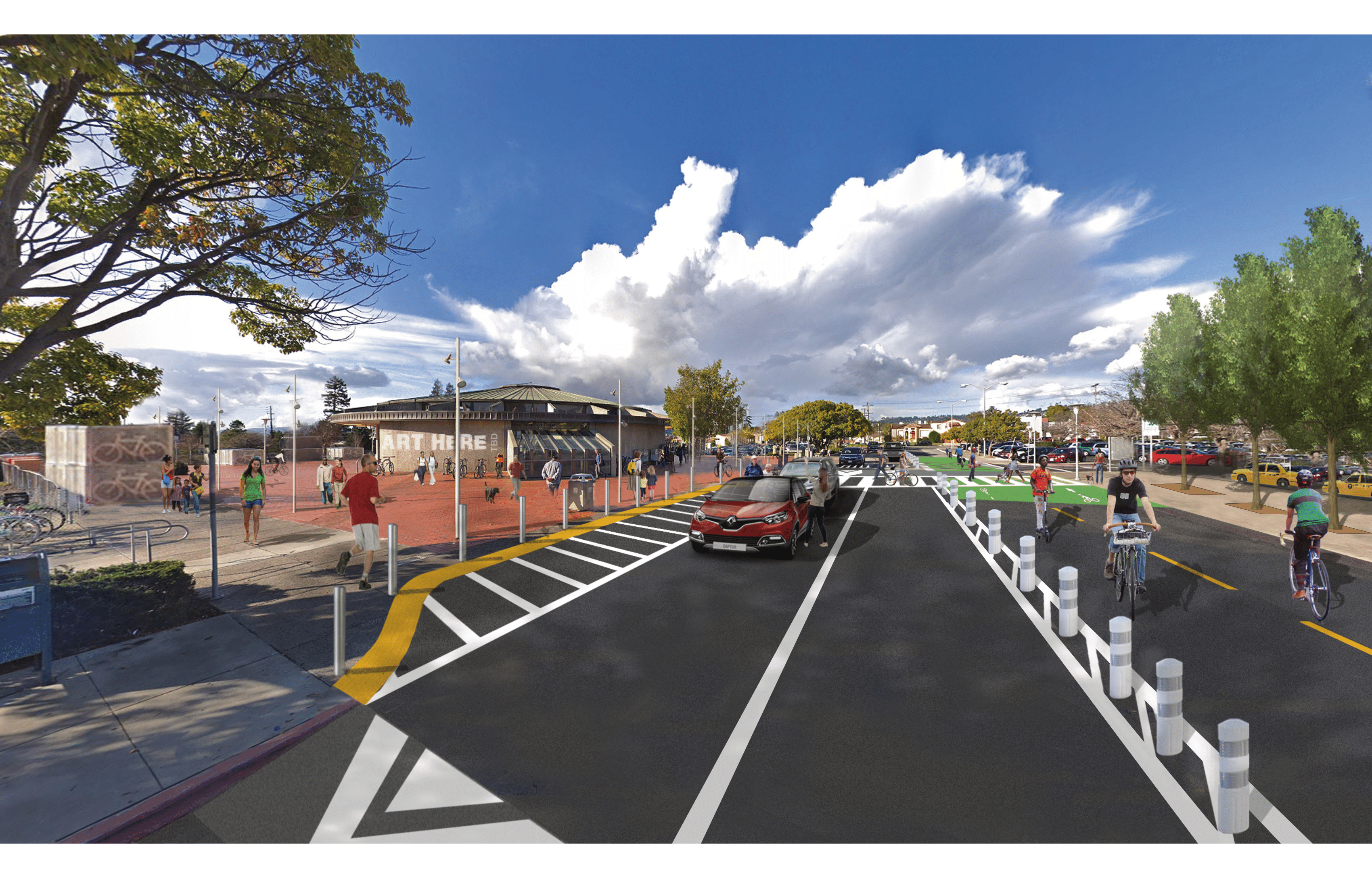View of East Drive with new speed table and two-way cycle track in front of station entrance