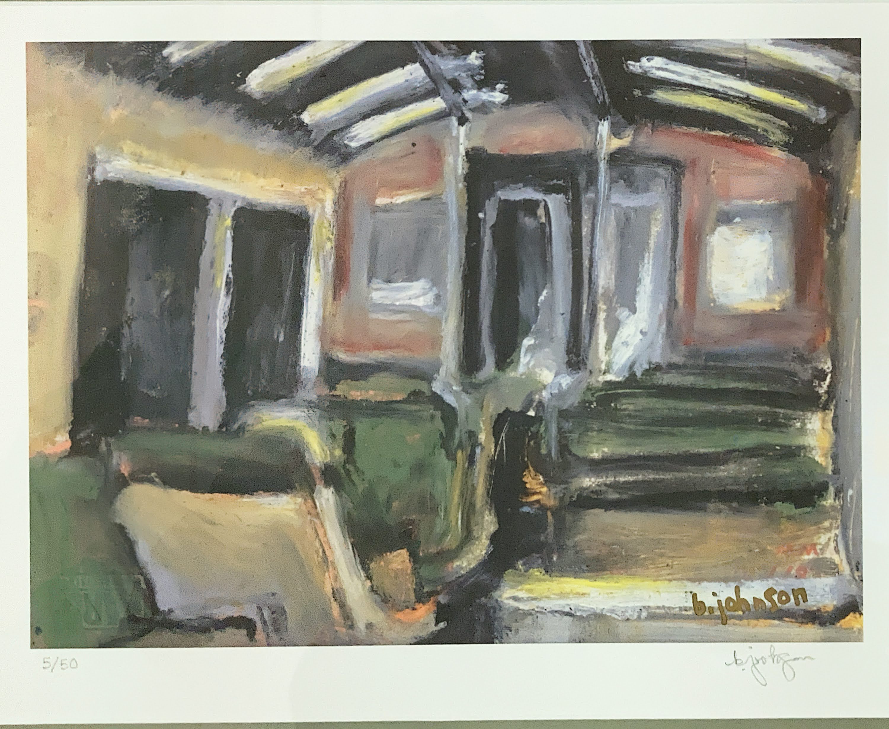An oil painting of a BART train car gifted to Gene and Stefani