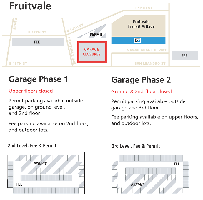 Map of closures for phases of lighting project at Fruitvale Garage.