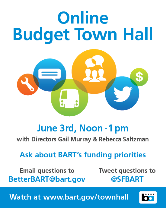 Online townhall June 3rd noon-1pm www.bart.gov/townhall