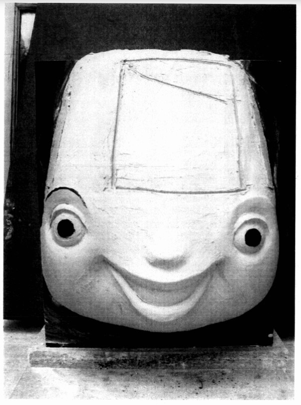 A foam sculpture of the BARTmobile face. 