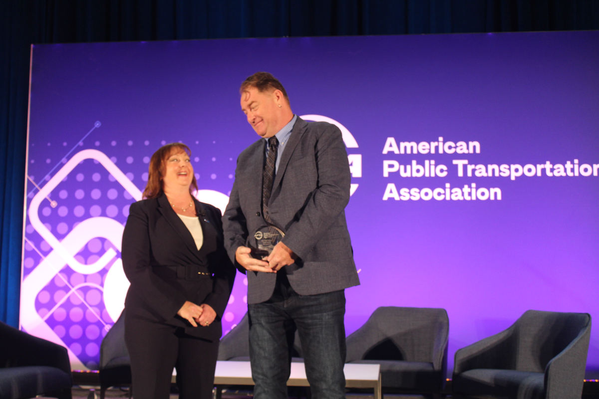 Thomas Moloney, Director of Fire Life Safety at BART, accepts the 2023 APTA Rail Safety Gold Award on Tuesday, June 13, 2023. 