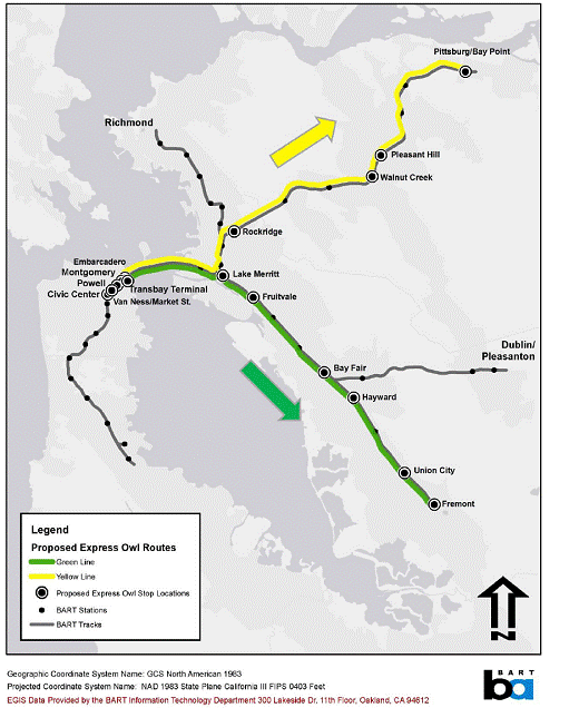 Map of Proposed Late Night BART Express Bus Service