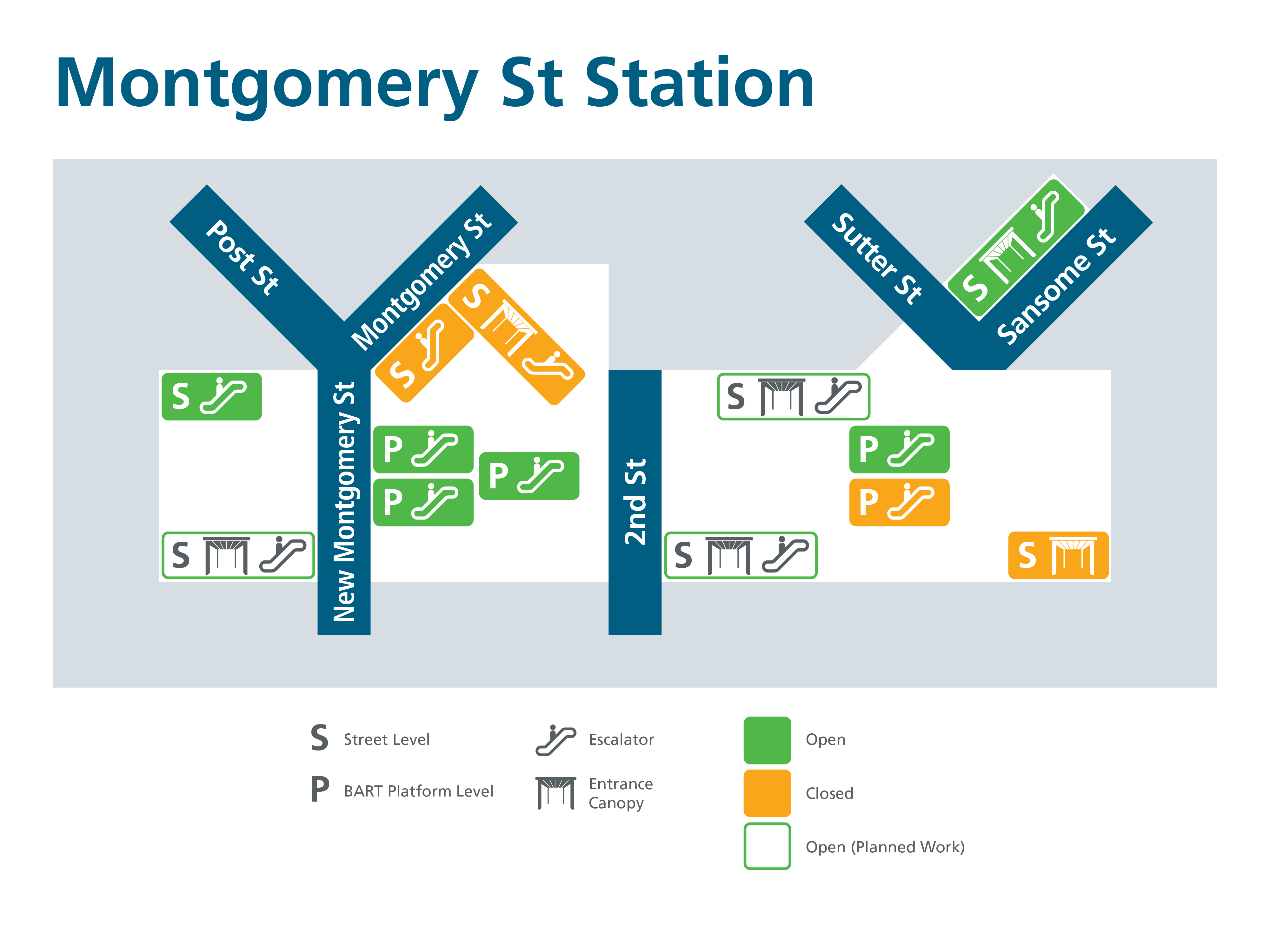 A map showing the status of Montgomery St. Station entrances