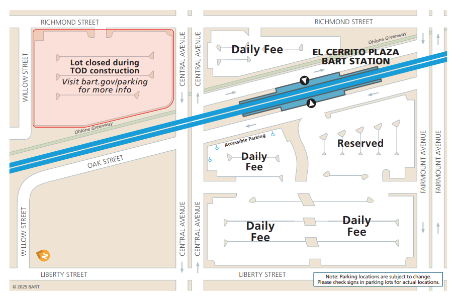 Map of El Cerrito Plaza station showing the lot by Willow Street closed for TOD construction