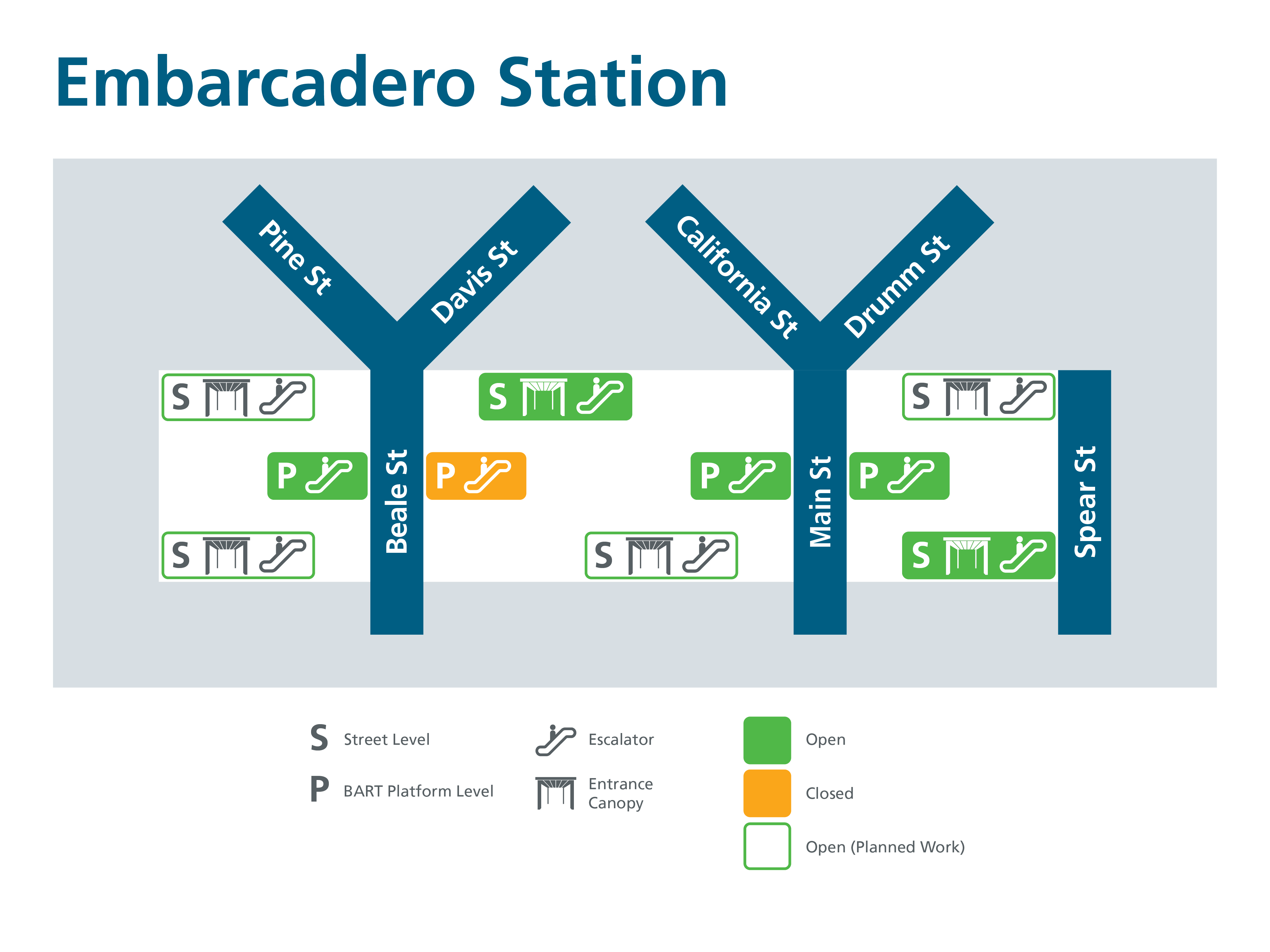 Map showing status of Embarcadero entrances