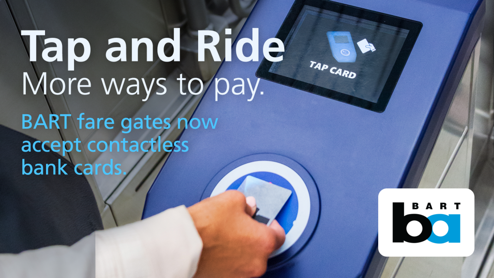 Tap and Ride graphic with hand tapping on fare gate