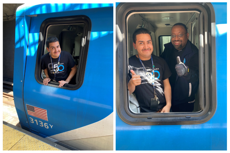 Jaime Espitia in the cab (left) and with Train Operator Dewayne Deams (right))