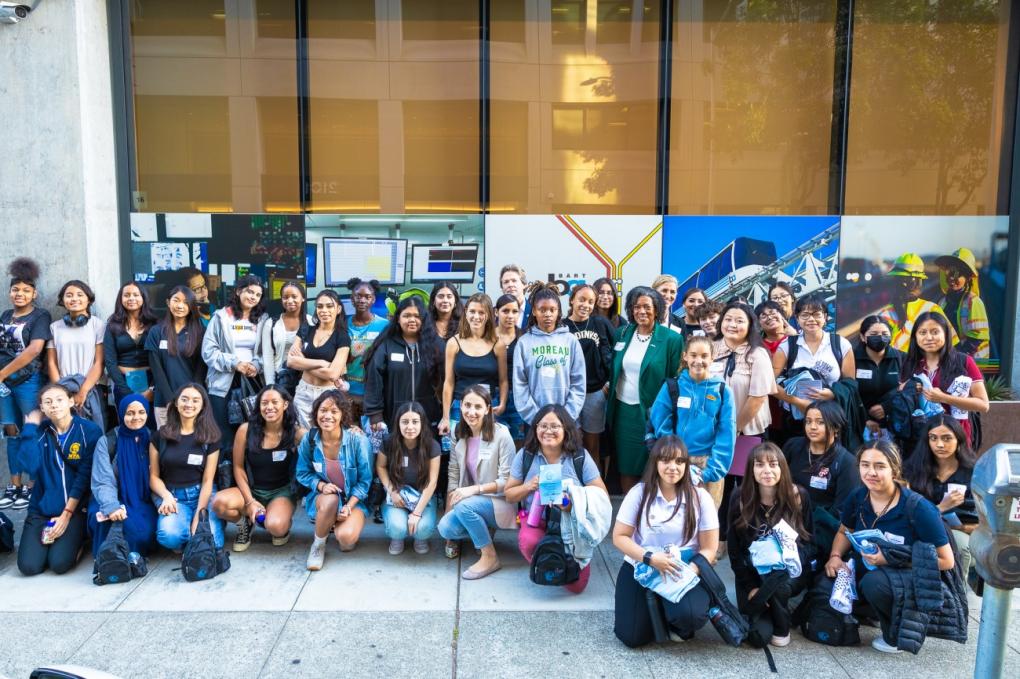 A photo of the attendees who participated in the Girls in Motion Fall 2023 Summit, hosted at BART Headquarters on Thursday, Oct. 19, 2023. 