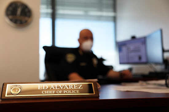 Chief Alvarez at his desk in the BART Police headquarters in Oakland on Jan. 15, 2021