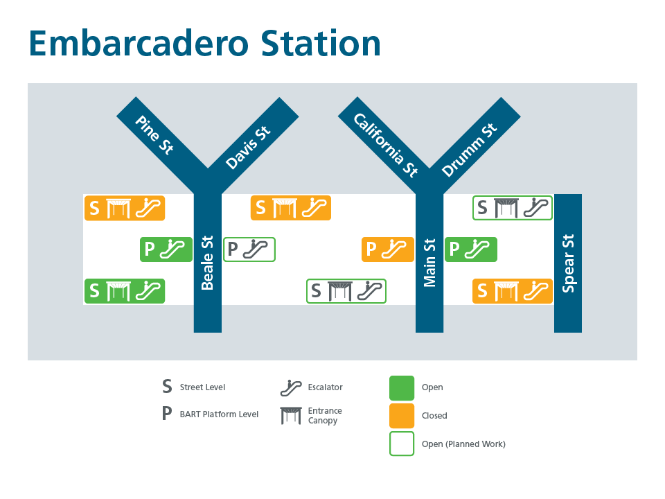Map of Embarcadero Station entrances showing status