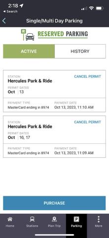 Screenshot of Active Parking Reservation screen on the official BART app to validate parking.