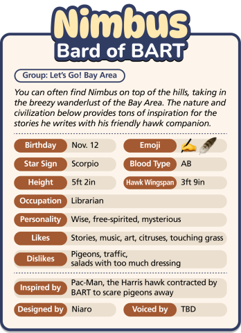 Nimbus, Bard of BART. Group: Let’s Go! Bay Area. Bio: You can often find Nimbus on top of the hills, taking in the breezy wanderlust of the Bay Area. The nature and civilization below provides tons of inspiration for the stories he writes with his friendly hawk companion. Birthday: Nov. 12. Occupation: Librarian. Personality: Wise, free-spirited, mysterious. Likes: Stories, music, art, citruses, touching grass. Dislikes: Pigeons, traffic, salads with too much dressing. Designed by: Niaro.