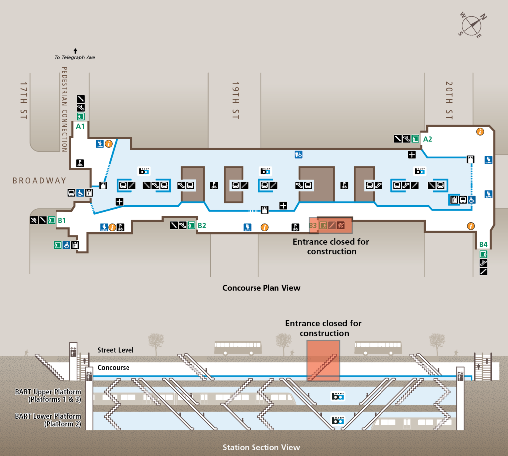 map showing closed 19th St/Oakland station entrance closure