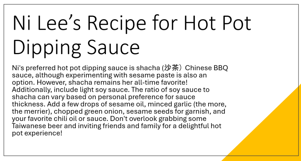 Ni Lee's recipe for hot pot dipping sauce on a white background with black text and a yellow triangle in the righthand corner