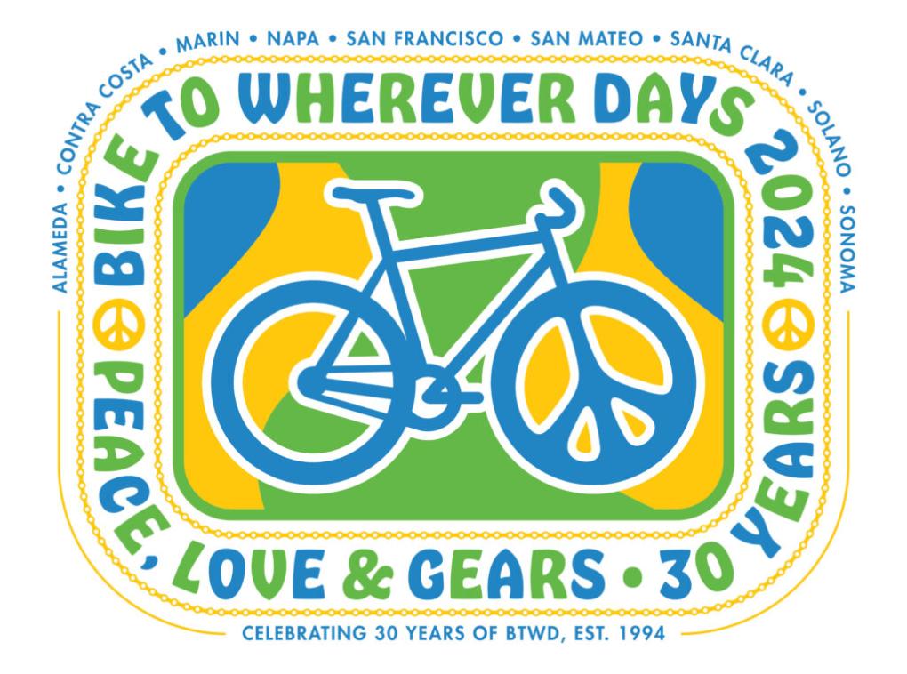 Bike to Wherever Days 2024 banner with green yellow and blue swirls and a blue bike in the center