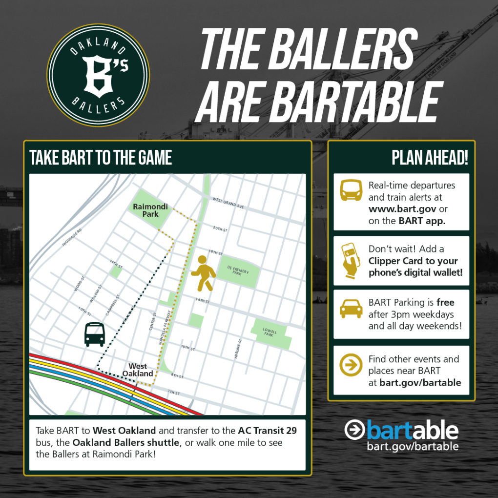 Take BART to see the Ballers. Take BART to West Oakland Station and transfer to the AC Transit 29 bus, the Oakland Ballers shuttle, or walk one mile to Raimondi Park