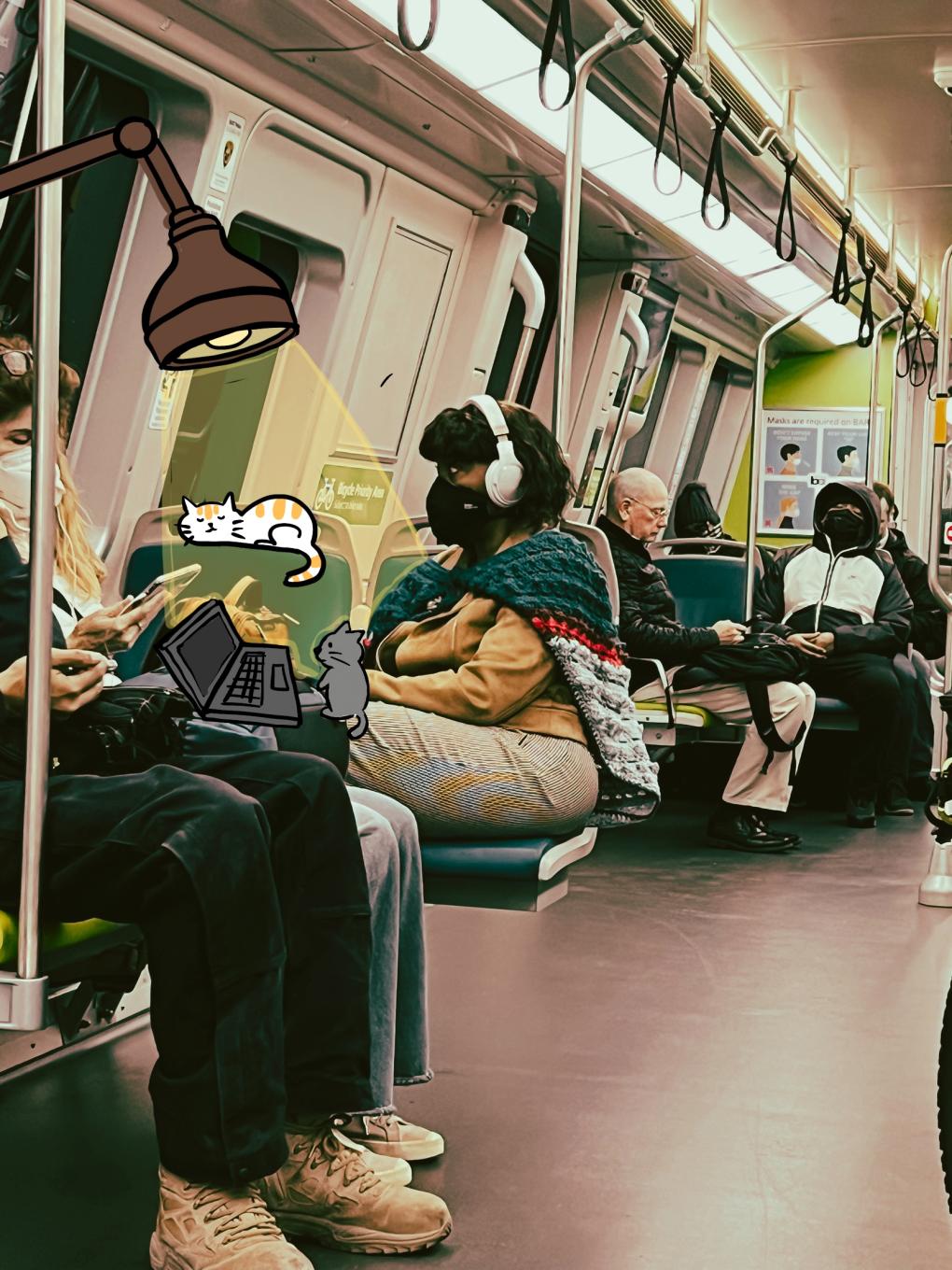 Photo of a BART train with a cat sleeping under  lamp illustration