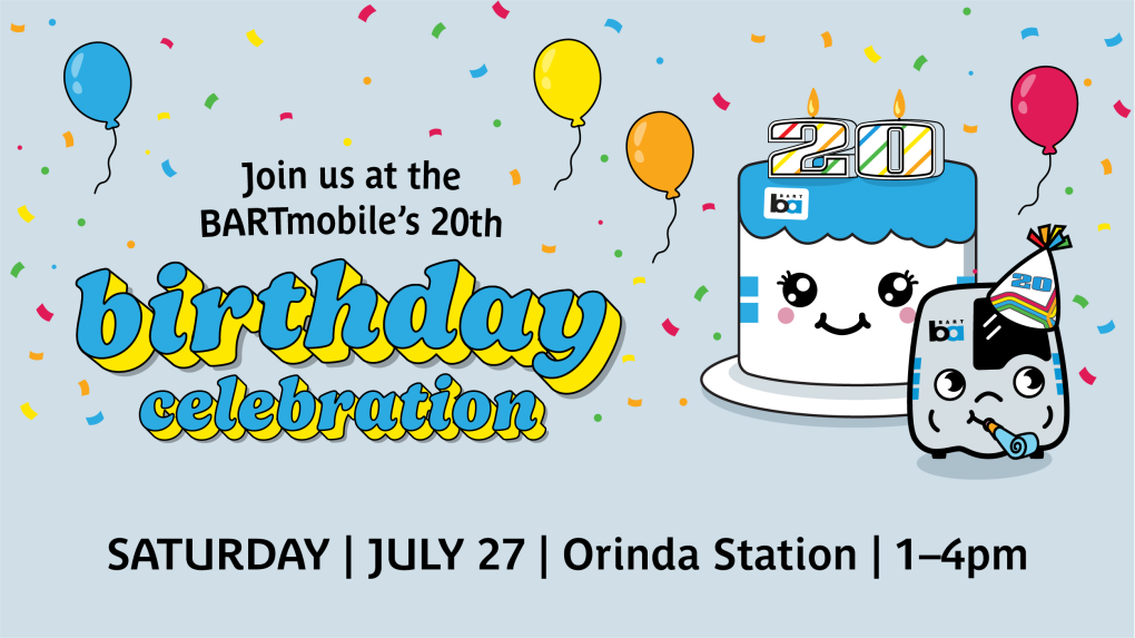Invitation for the BARTmobile's 20th Birthday celebration on July 27, at Orinda Station, 1pm to 4pm, featuring a cartoon image of a birthday cake with '20' candles and a smaller BARTy train character, both with smiling faces, surrounded by colorful balloons and confetti.