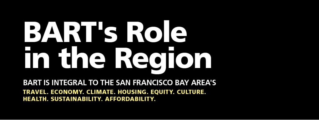 A black banner with white text reading "BART's Role in the Region" with text underneath reading "BART is integral to the San Francisco Bay Area's travel, economy, climate, housing, equity, culture, health, sustainability and affordability.