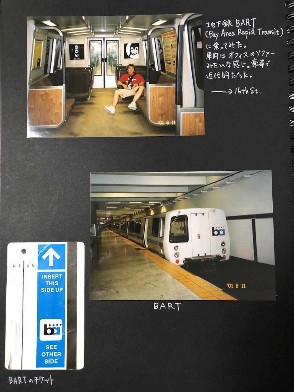 An image of a Bay Area Rapid Transit (BART) train car and station, featuring a scrapbook page with a photo of a person sitting inside a BART train, and an adjacent photo showing a BART train at the station, accompanied by a BART ticket with instructions in English and Japanese.