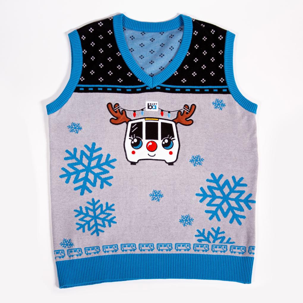 BART holiday vest with a smiling BART train with antlers and a red nose. Snowflakes float around it. 