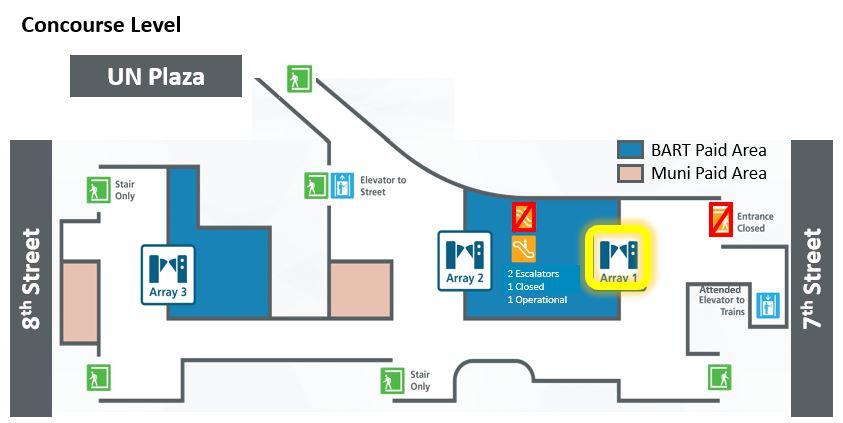 Map of Civic Center Station concourse level with highlight of the first fare gate array to be replaced near Seventh Street entrance.