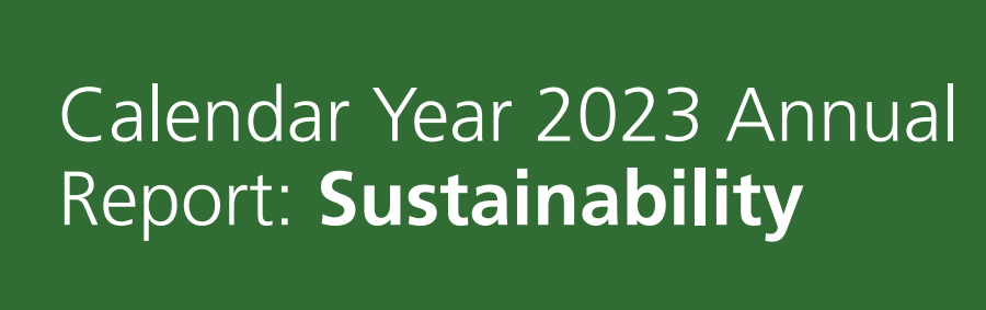 Green background with text "Calendar Year 2023 Annual Report: Sustainability"