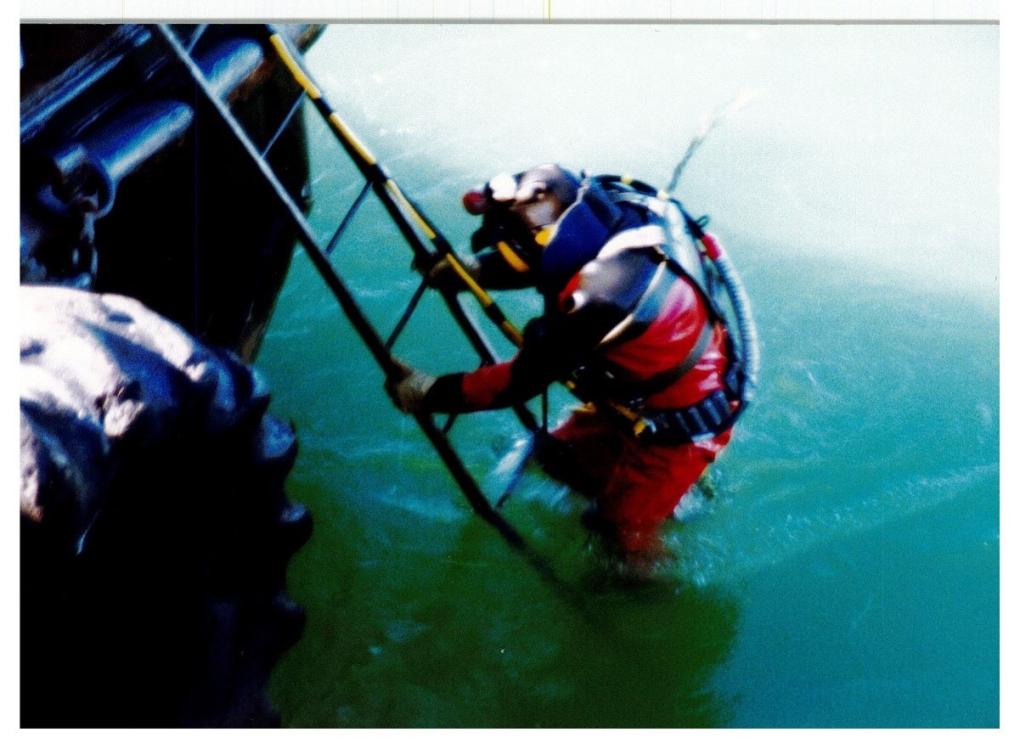 A diver lowering himself into the water.