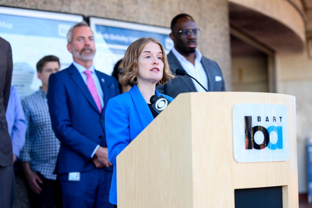 BART Director Rebecca Saltzman at a news conference on Thursday, Oct. 24, 2024, announcing the grant awards at North Berkeley Station.