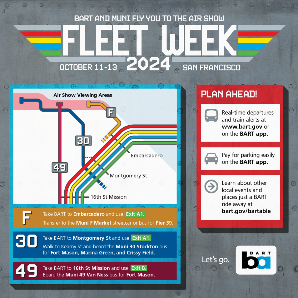 Promotional poster for the 2024 air show in San Francisco, featuring a map with public transit routes to the event, including BART and Muni lines. Includes details on online ticket purchases, real-time departures, local event information through the BART website and app. Dates of the event are October 11-13, 2024.