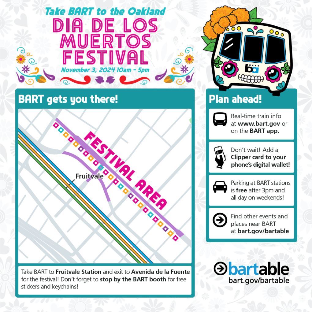 Promotional poster for the Oakland Día de los Muertos Festival on November 3, 2024 from 11 a.m. to 5 p.m. The poster features colorful Day of the Dead-themed graphics, including skulls and flowers, and information about taking BART (Bay Area Rapid Transit) to the event with benefits like free area parking on weekends and real-time train info available on the BART app. Additional details include directions to the festival at Fruitvale station and offerings like free stickers and keychains.