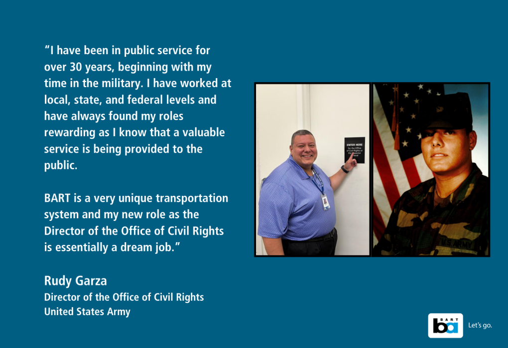 Image featuring two photos of Rudy Graza, Director of the Office of Civil Rights. On the left, Rudy stands smiling in an office, wearing a light blue shirt. On the right, a younger Rudy in military camouflage uniform looks intently at the viewer. Text beside the images describes Rudy's 30-year career in public service at various governmental levels and his new role in civil rights.