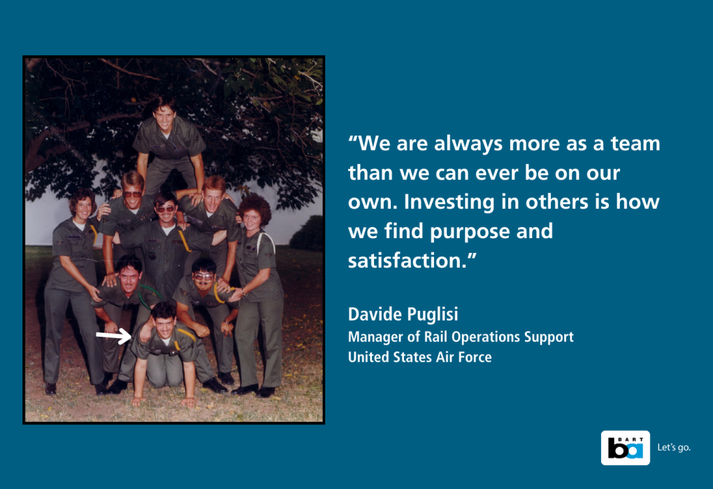 Group of nine individuals posing for a photo outdoors, with trees in the background. A quote by Davide Puglisi, Manager of Rail Operations Support at United States Air Force, about teamwork is displayed on the right side of the image.