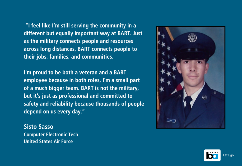 Portrait of Sisto Sandoval, uniformed United States Air Force member, next to a quote about serving the community through military and BART roles.