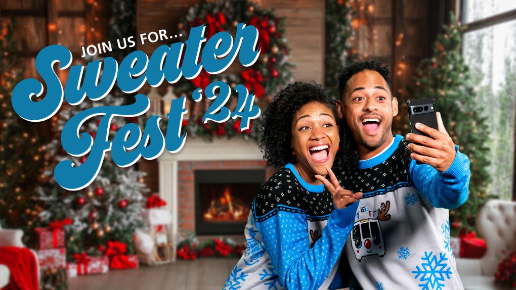 raphic for Sweater Fest 24 with two people smiling in front of a holiday setting