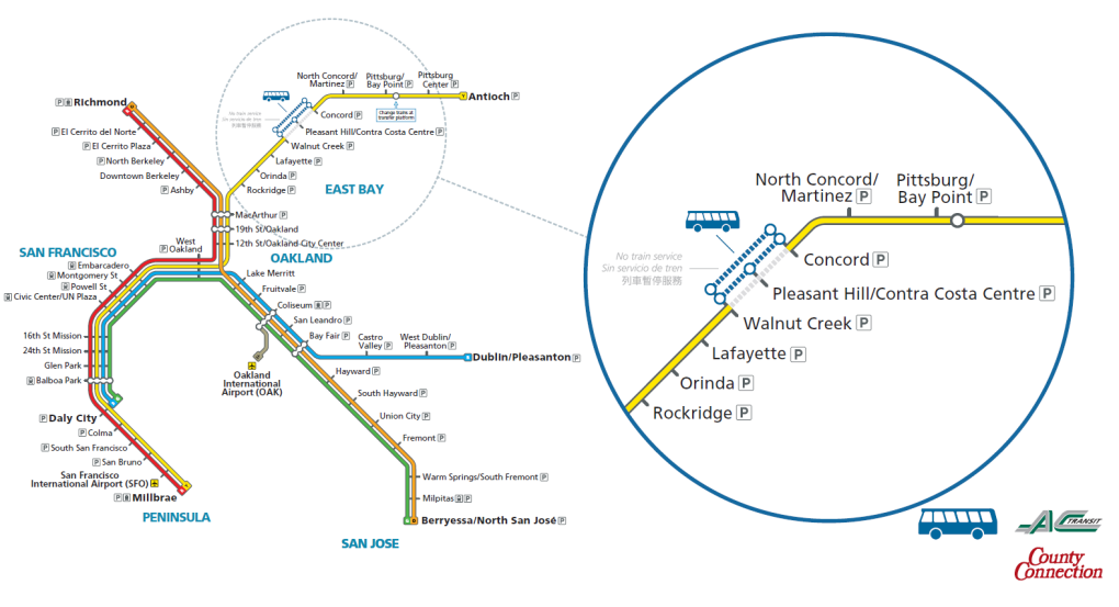 Map showing the portion of the BART system in Contra Costa County that will be worked on during the January 18-19 weekend track shutdown. Includes a zoom of the section where free buses will replace trains between Walnut Creek and Concord