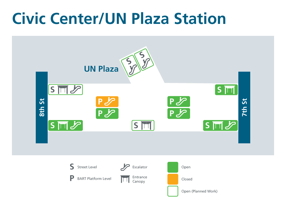 A map of Civic Center showing entrance status