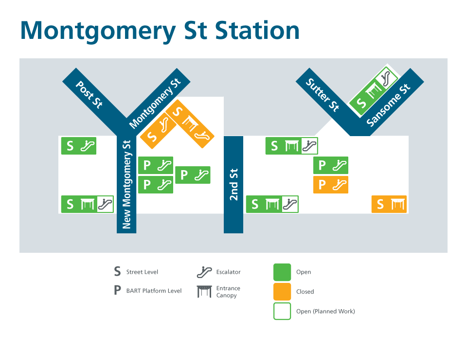A map of Montgomery St. Station showing entrance status