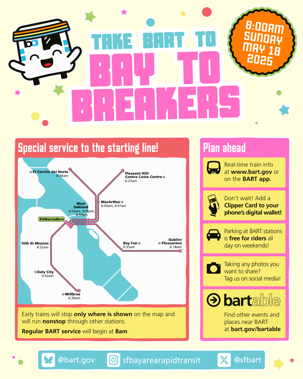 Bay to Breakers rider guide showing times and stops for special service